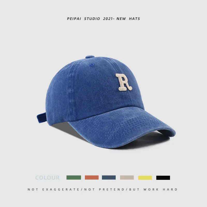 Washed Letter R stick ball cap in cotton with dome crown, adjustable L size 54-60cm
