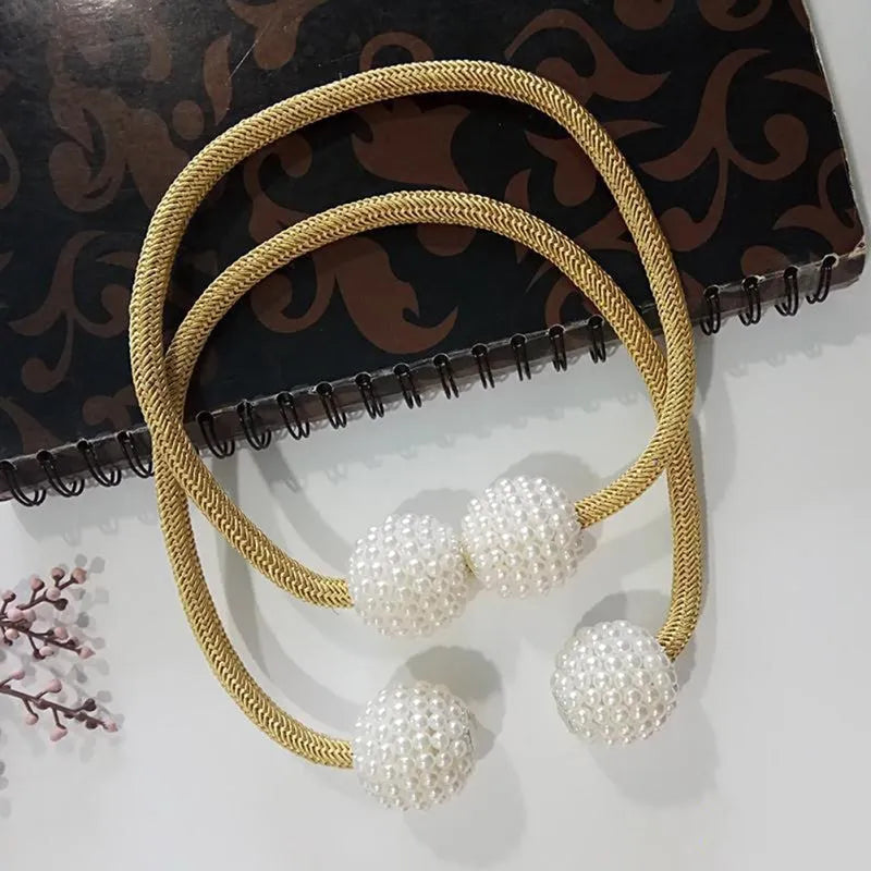 Magnetic curtain tiebacks with pearl beads in Beige, Coffee, Gray and other colours, holding curtain fabric back