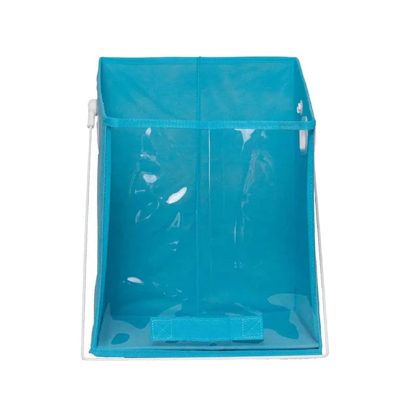 Blue folding detachable storage basket with clear front panel on a shelf, showing lift-up rod.