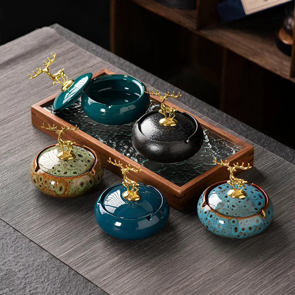 Ceramic decorative ashtray with lid in kiln baked blue colour simple style
