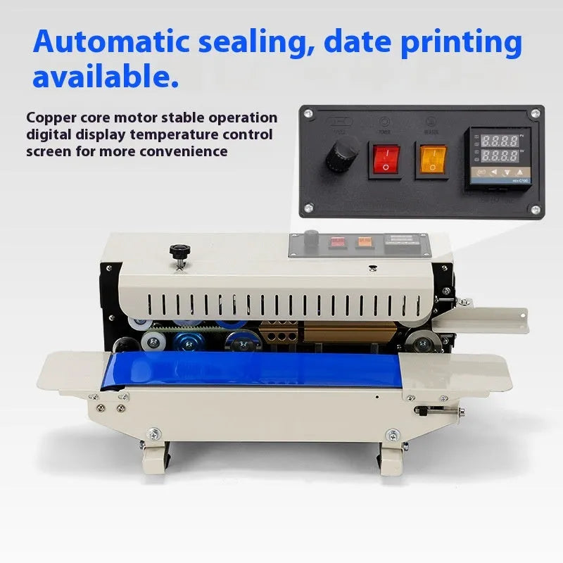 Compact white and grey handheld heat sealer with a date printing wheel, shown sealing a plastic bag.