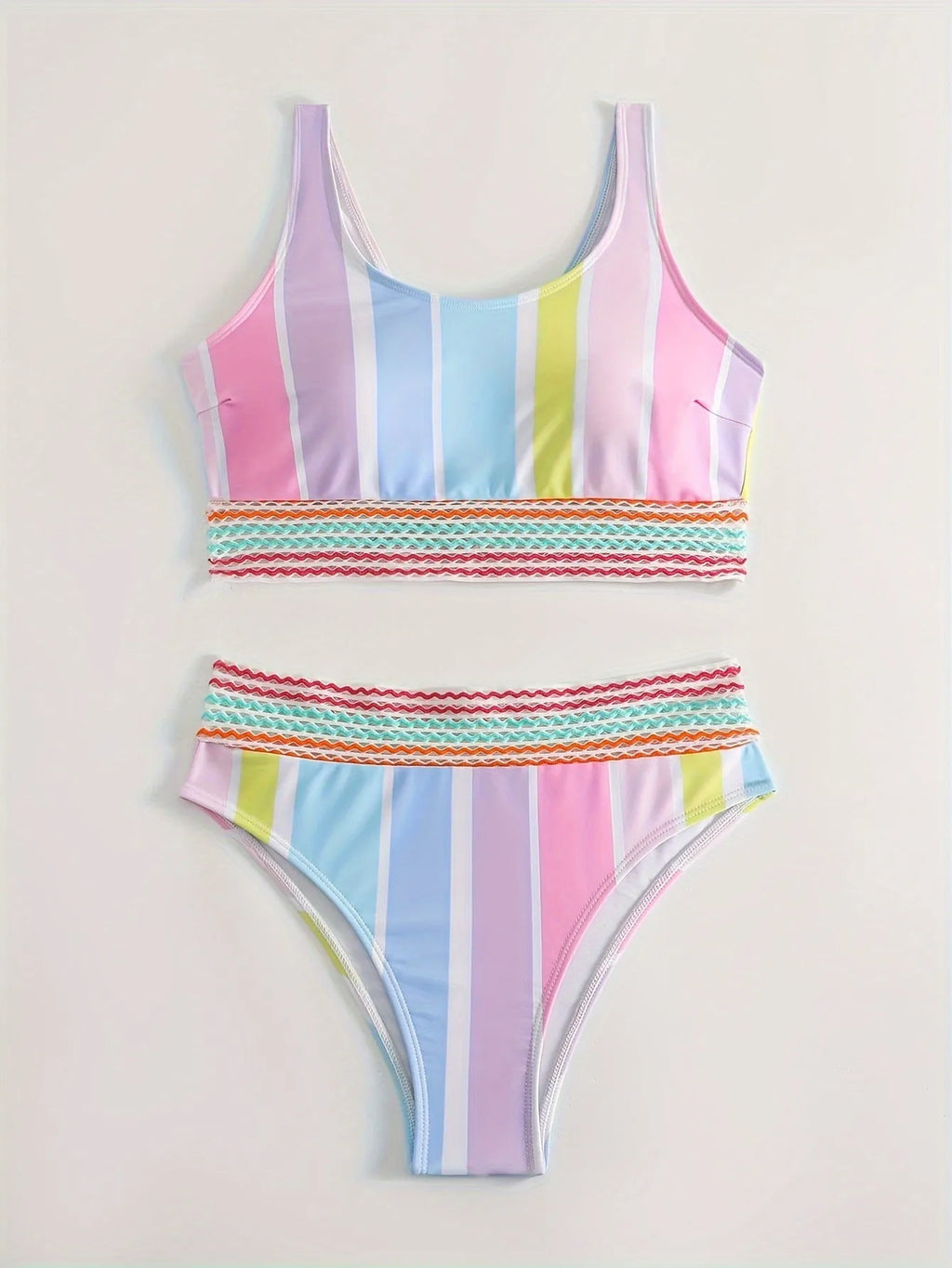 Women's striped sports bikini top and briefs on a mannequin, showing the European and American style pattern.