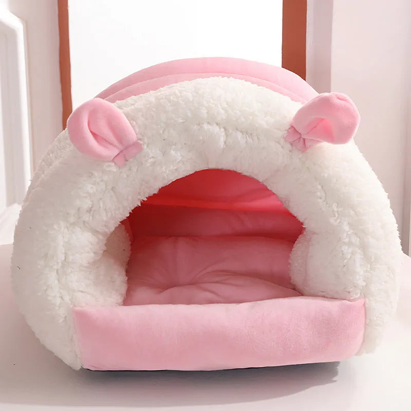 Blue enclosed cat nest bed with removable fleece liner, shown in a small size suitable for a kitten.