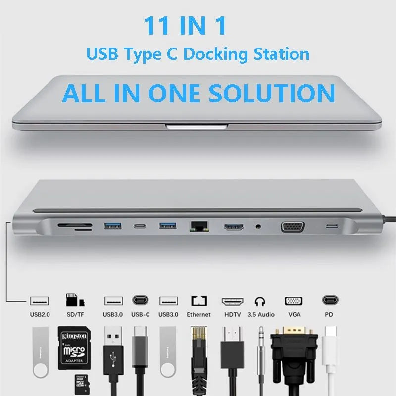 11-in-1 multifunctional laptop docking station with eleven USB 3.0 interfaces in Photo Color, no external power supply needed.