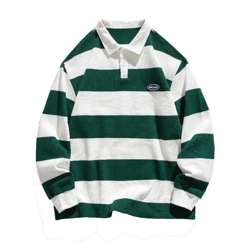 Striped pearl cotton polo shirt with a lapel collar in sapphire blue, shown in a loose fit.