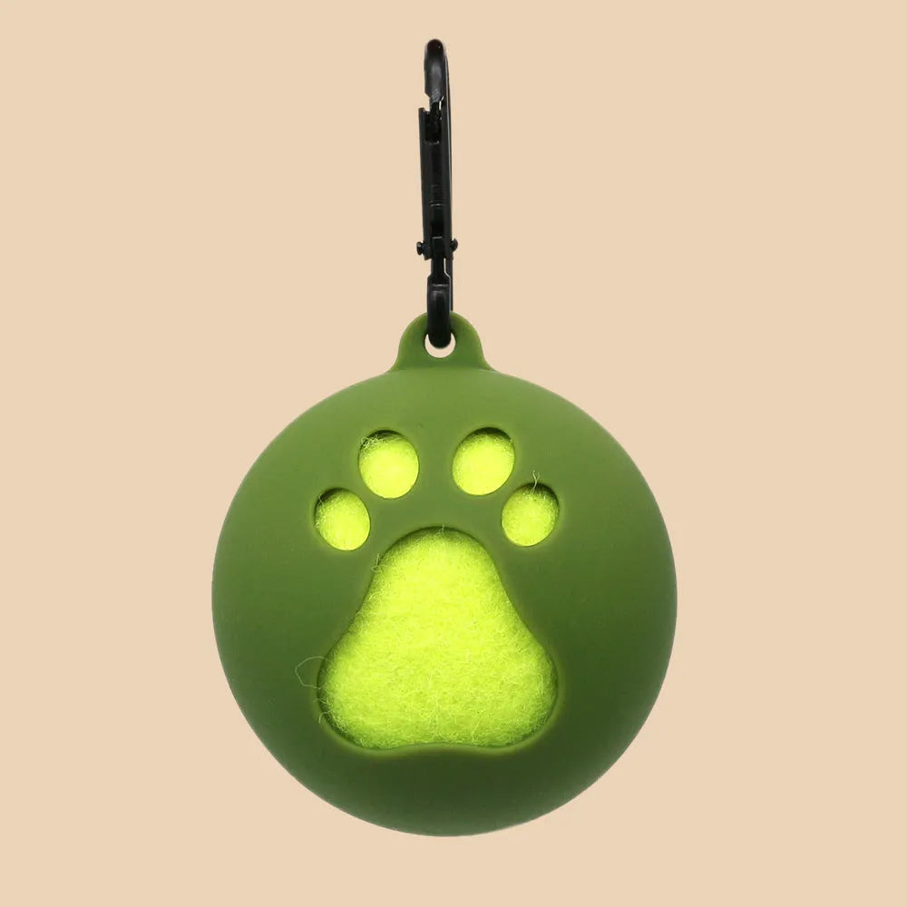Portable tennis ball sheath for dogs, available in multiple colours, holds a standard tennis ball securely