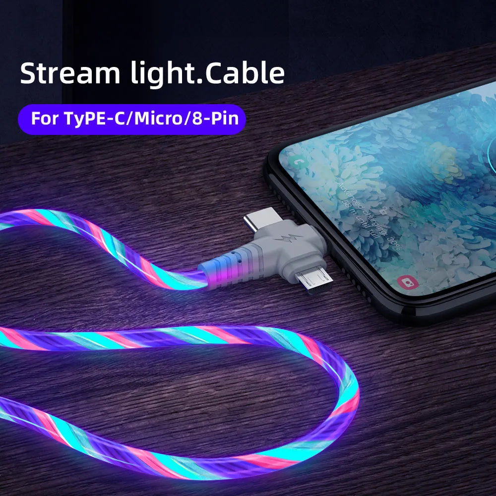 Triple-interface fast charging cable with aluminium alloy connectors showing USB-A, Type-C, and Micro-USB connections