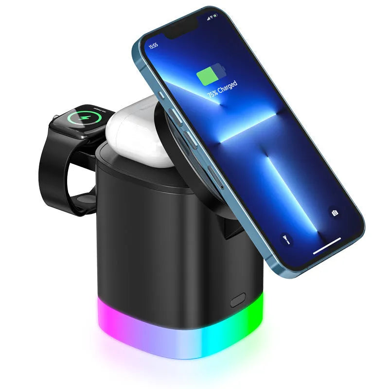 Black foldable 3-in-1 magnetic wireless charging station with RGB lighting charging iPhone, Apple Watch, and AirPods