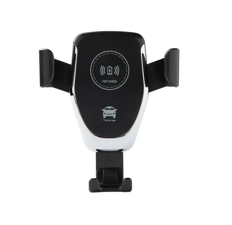 Black car wireless phone charger mounted on ventilation vent with iPhone securely clamped