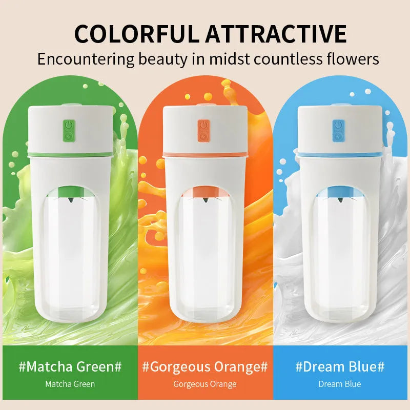 Portable USB charging blender juicer in blue, green, and orange colours with 400ml food-grade cup