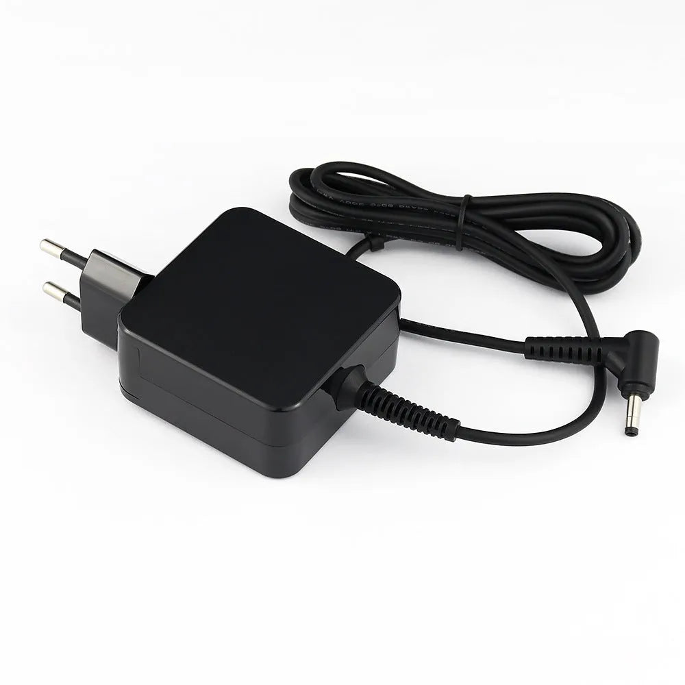 Black 45W laptop power adapter with DC connector and US and EU plug heads