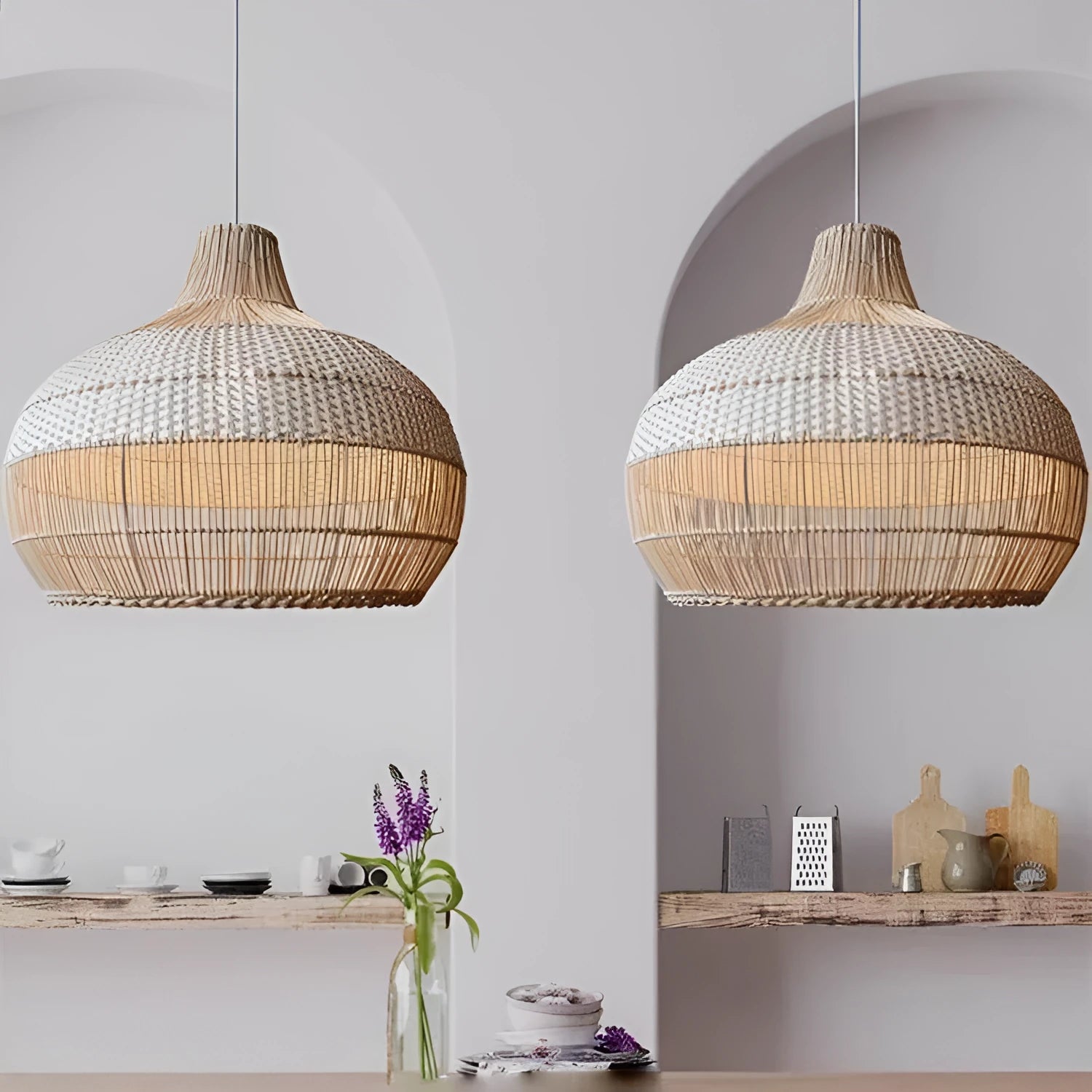 Natural rattan woven chandelier with a pastoral Southeast Asian design, 60cm in diameter.