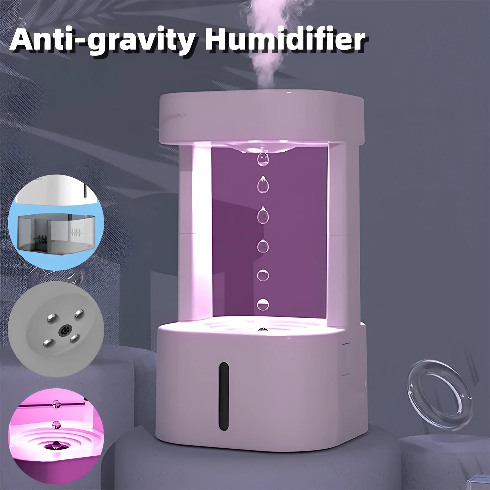 Anti-gravity water drop humidifier with USB cable and 580ml water tank