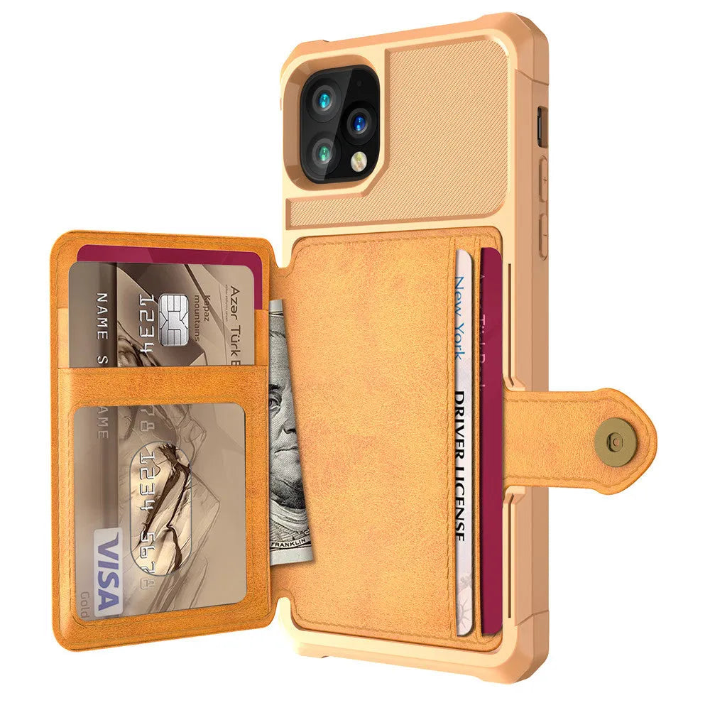 Imitation leather card wallet phone case for iPhone in solid colours showing integrated card slot on back.
