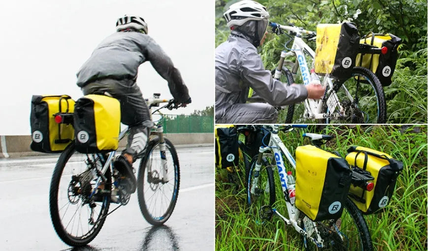 Bicycle waterproof bag made of nylon cloth and waterproof fabric, black colour, shown on a bike for cycling storage