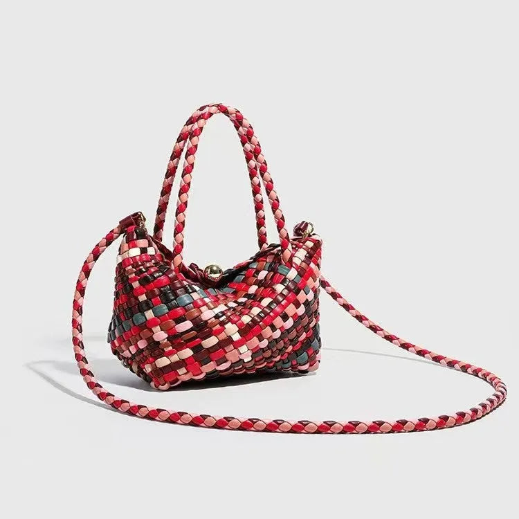 Colourful woven PU leather women's shoulder bag with handmade detailing