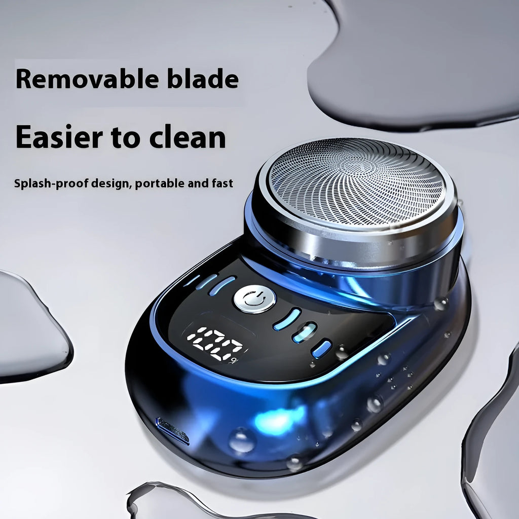 Mini electric shaver for men, black with LED digital display, removable cutter head, and USB charging cable