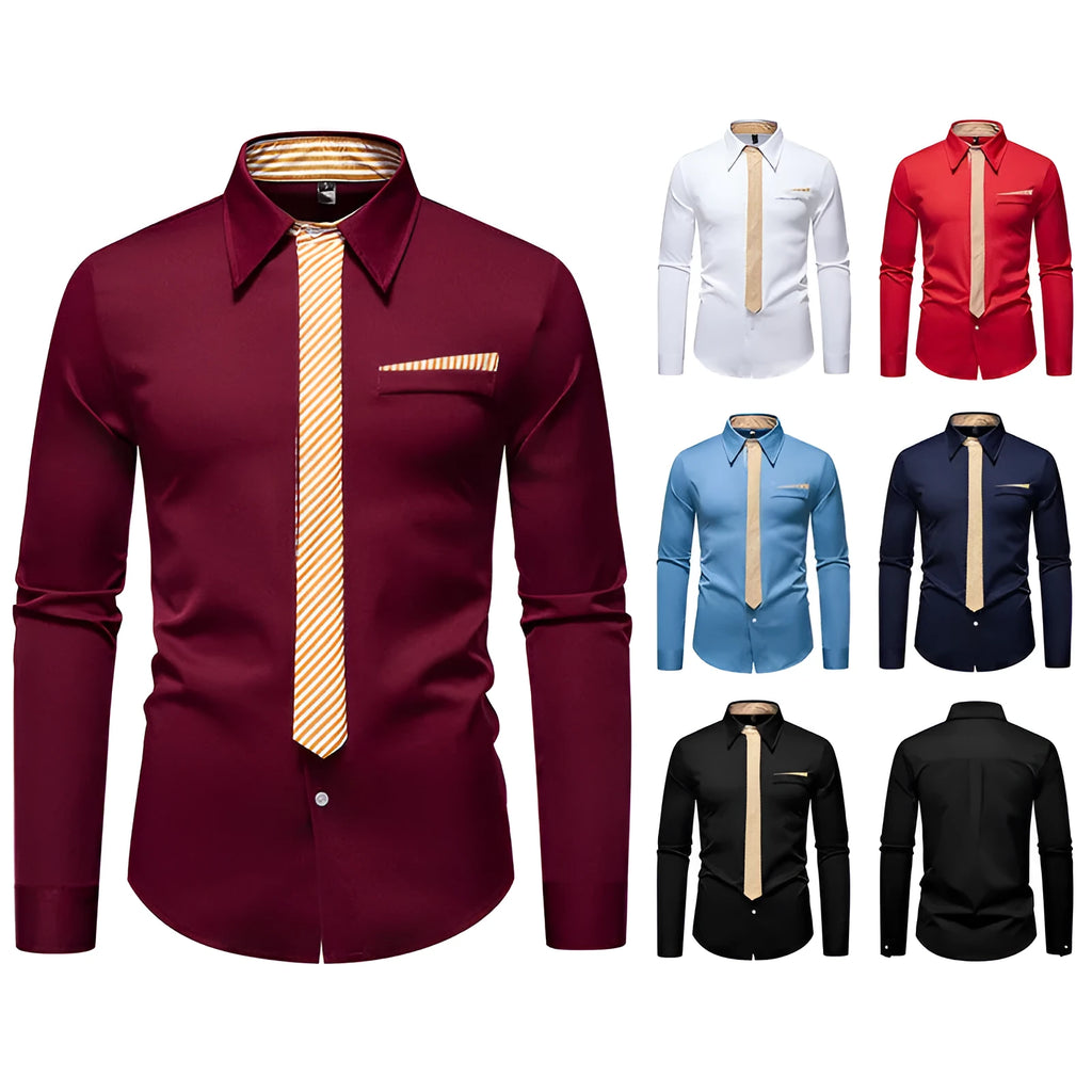 Men's long-sleeved polyester slim-fit cardigan style shirt in solid colour, front view