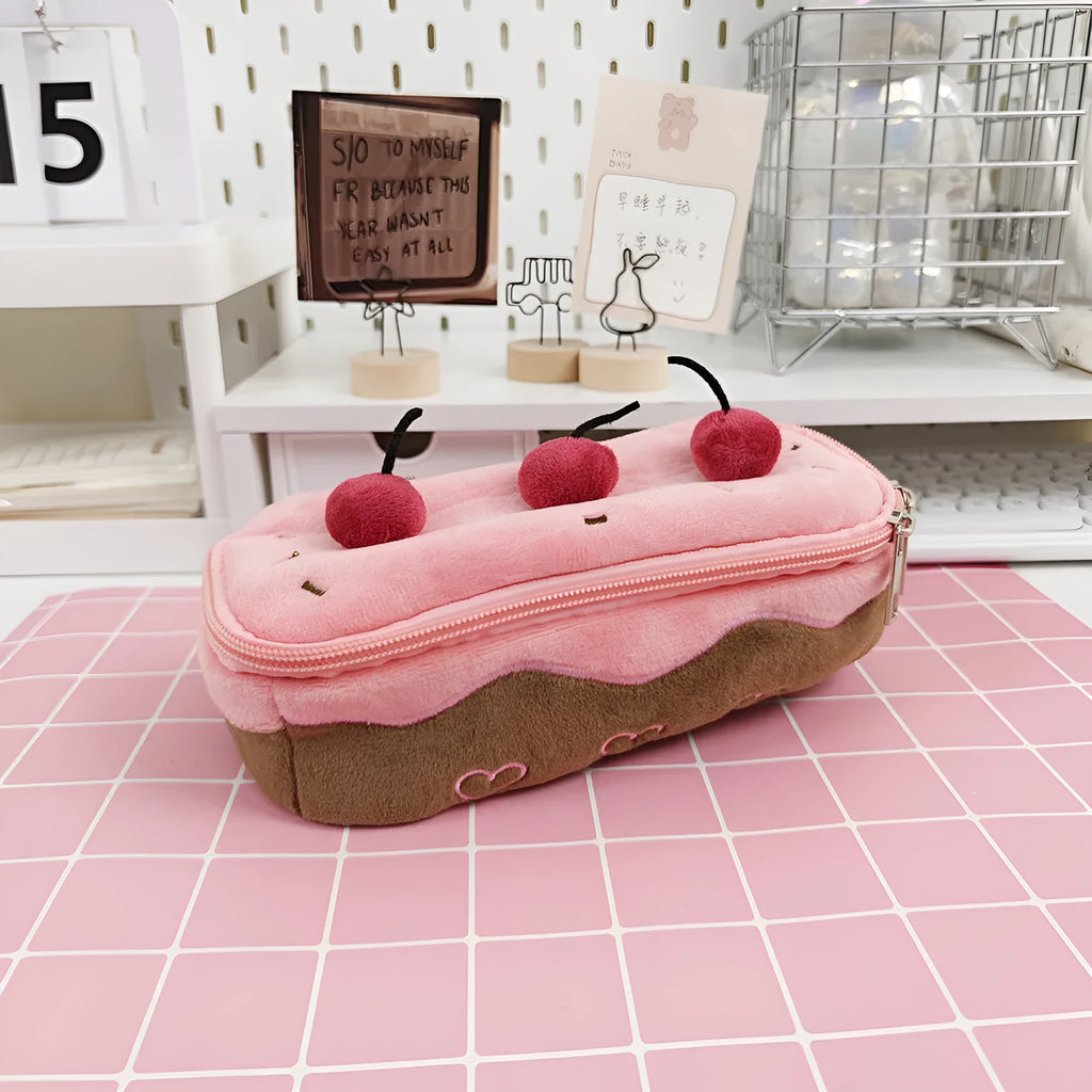 Cherry Cake coloured Korean style velvet plush pencil case.