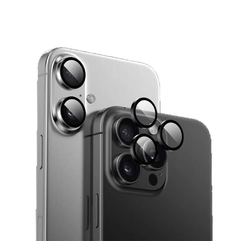 Tempered glass rear camera sticker for iPhone in Midnight Black, showing 8K lossless optical glass and anti-glare surface.