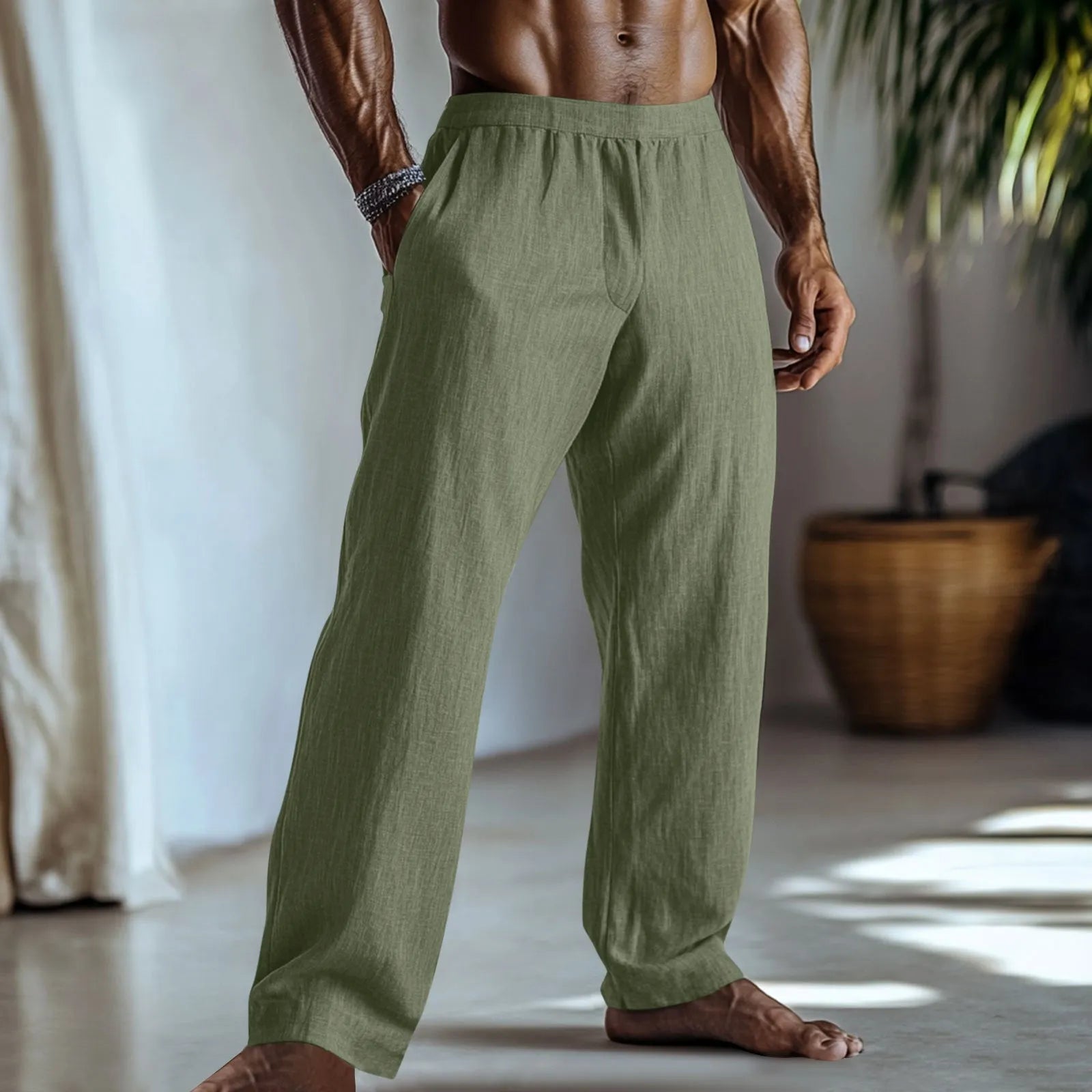 Straight-leg cotton linen casual trousers in light green colour showing front and back views