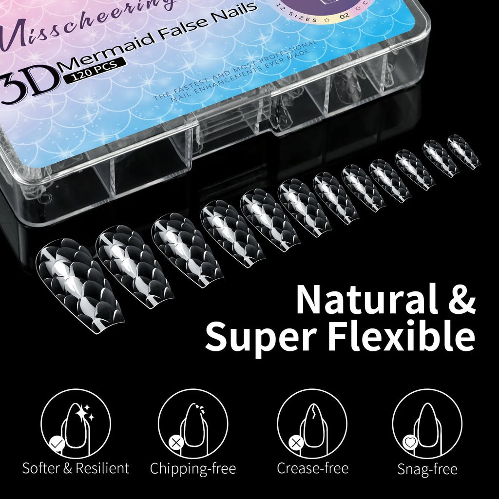 3D scale long shaping nail tips in colour-coded packaging for professional manicures