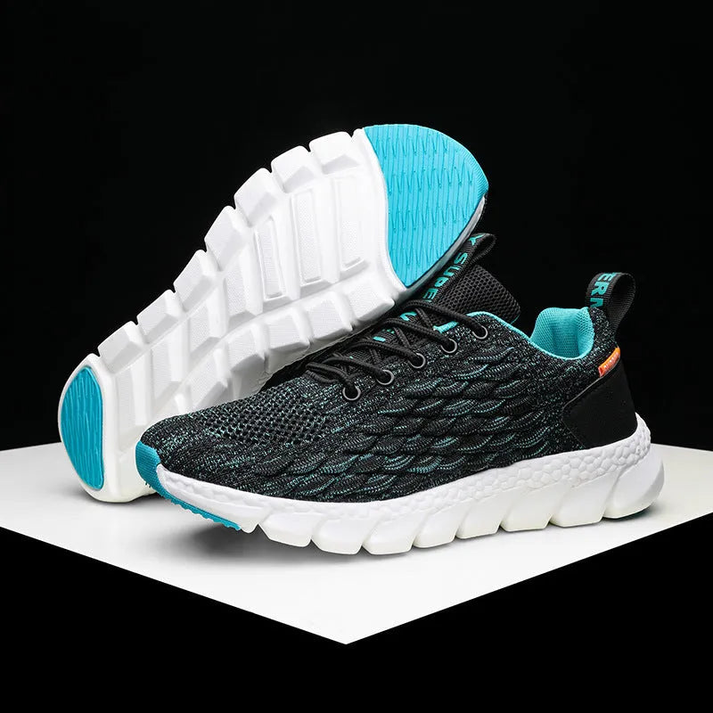 Men's flying knit sports shoes in black with breathable mesh upper and EVA PU sole