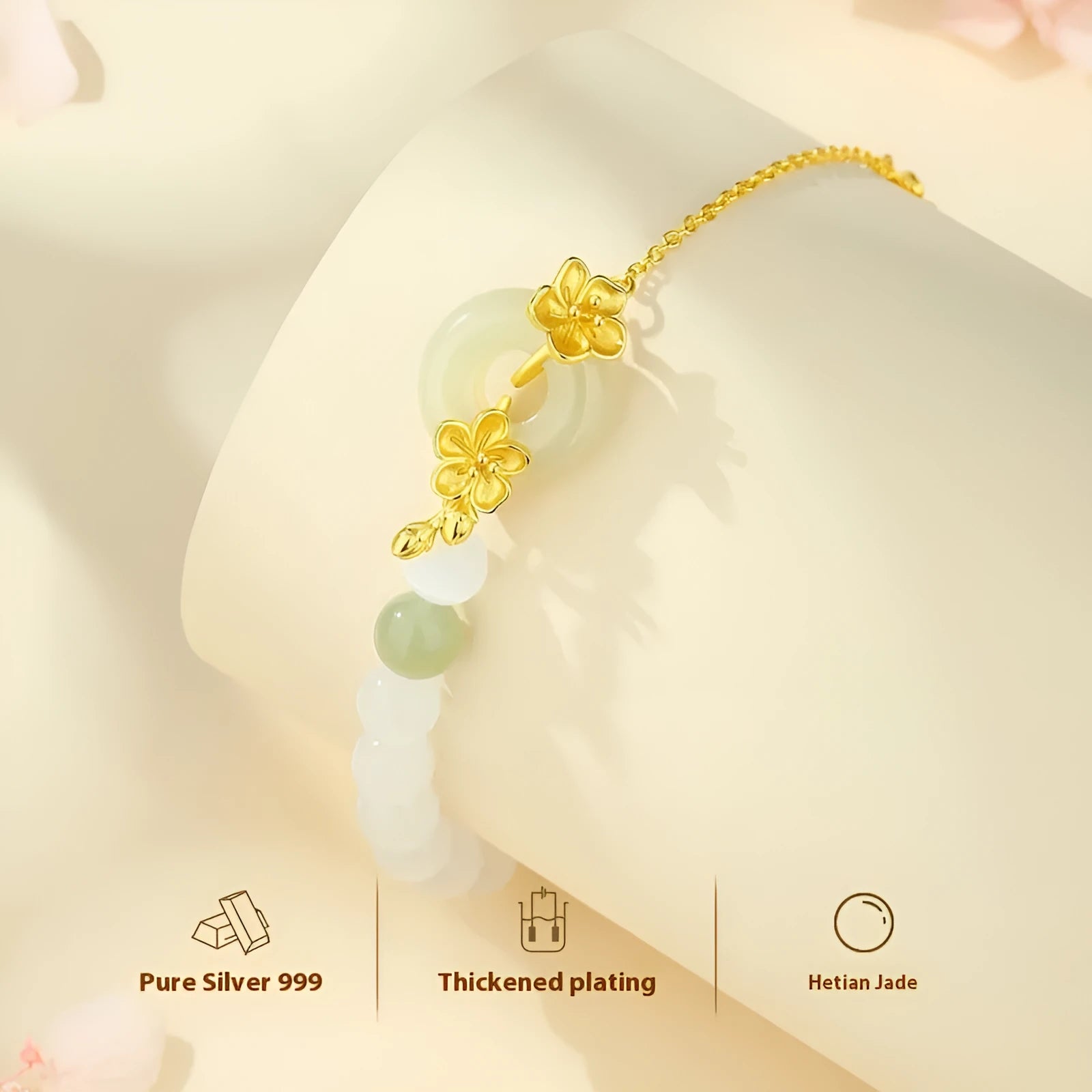 Women's pure silver safety buckle bracelet with peach blossom design in gold colour.