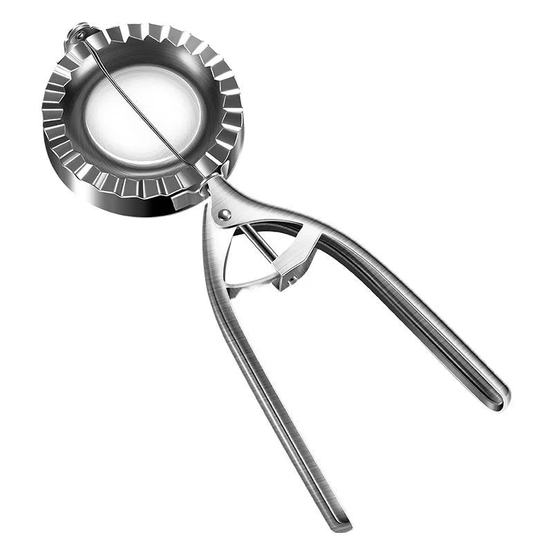Silver stainless steel dumpling mould with handle for manual kitchen use