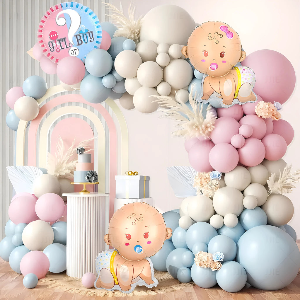 Gender reveal balloon decoration kit with aluminum foil round balloons, pink bottle, blue bottle, and ribbon