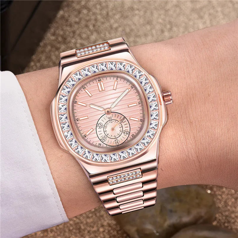 Men's alloy diamond watch with 4.5cm case and 23cm strap, available in black