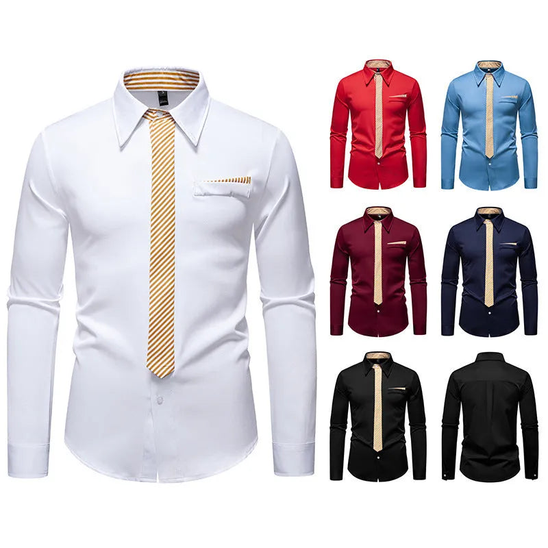 Men's long-sleeved polyester slim-fit cardigan style shirt in solid colour, front view