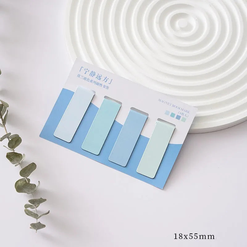 Set of four miniature magnetic bookmarks in Morandi colour block designs: soft evening breeze, Lanshan breeze, gentle twilight, quiet distance.
