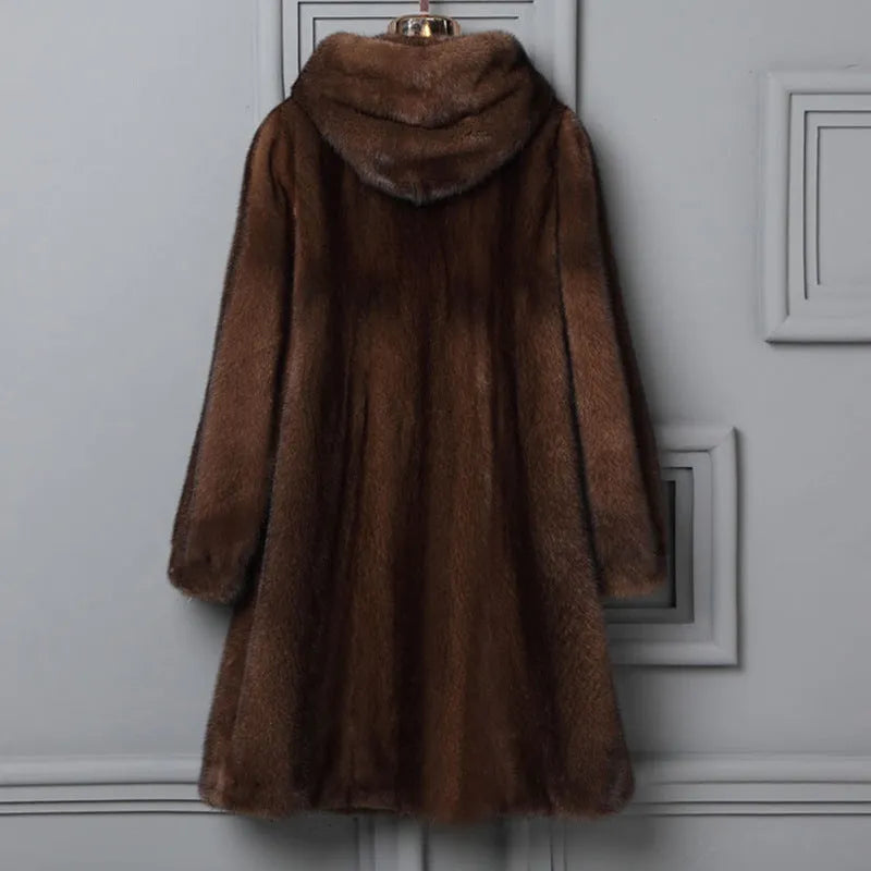 Women's black faux fur hooded coat for autumn and winter street fashion