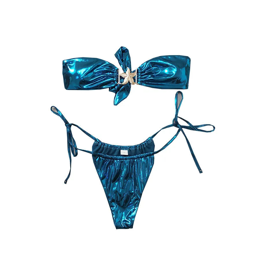 Glossy gold starfish print tube top split bikini for women in sapphire blue.