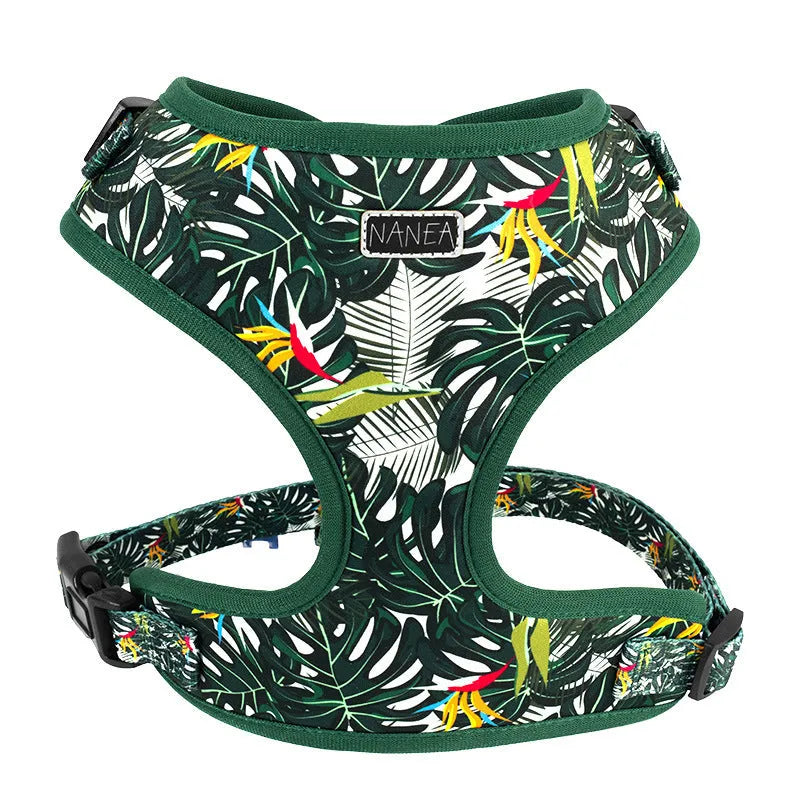 Adjustable cloth dog harness set with leash, collar, poop bag, bow, and bandana in various colours.