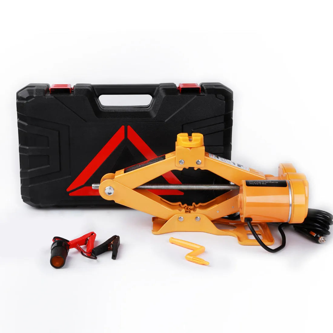 Electric hydraulic car jack kit with 2-tonne lifting capacity, showing extended height.