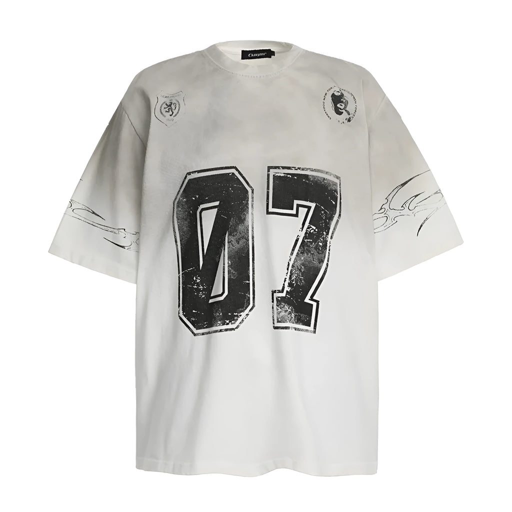 Men's black and white pure cotton short-sleeved printed t-shirt laid flat.