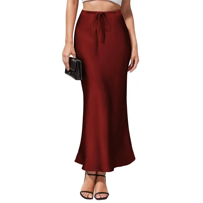 Asymmetric high-waist acetate satin skirt in multiple colours with irregular stitching detail
