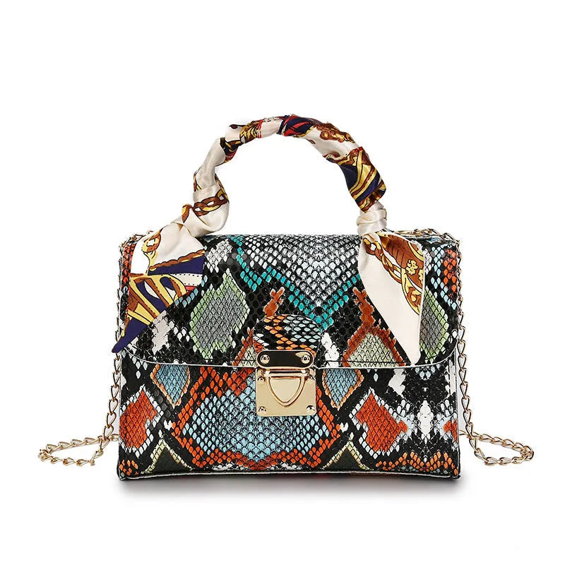 Snake print PU small square handbag, medium 18.5cm x 7.5cm x 13cm, in yellow, purple, green, blue or orange