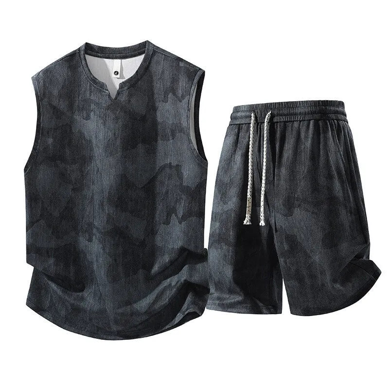 Sleeveless vest and shorts two-piece casual suit in hemp-look quick-drying fabric
