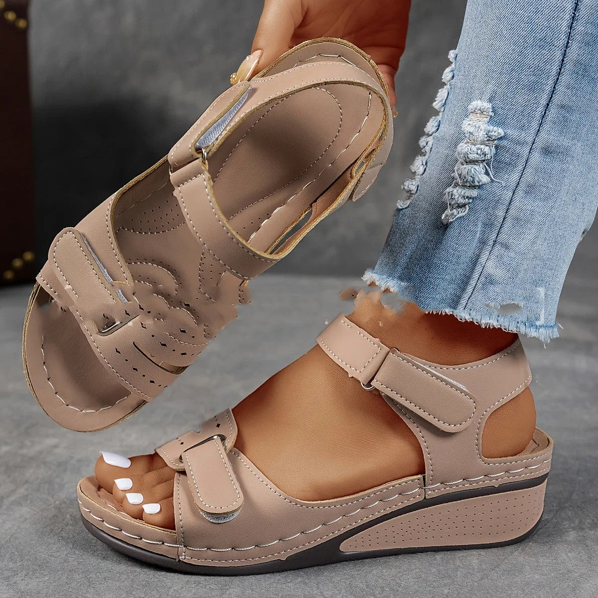 Beige plus size strap sandals with a thick composite sole and Velcro closure on a white background.