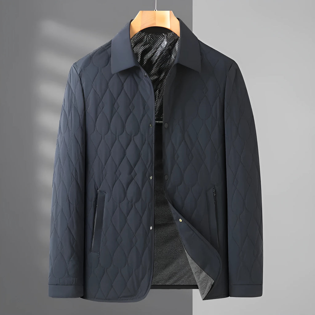 Men's lightweight cotton-padded diamond lattice jacket in black, gray green, and navy blue for autumn winter business casual wear