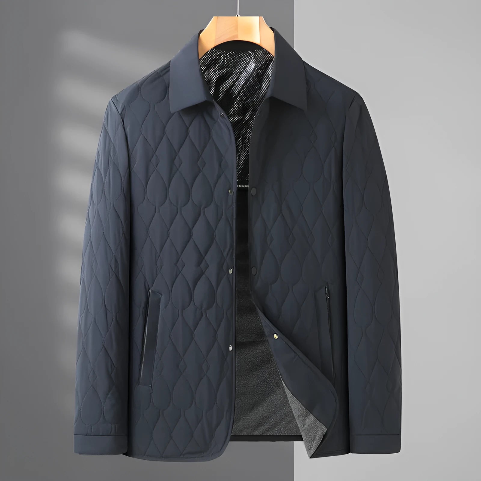 Men's lightweight cotton-padded diamond lattice jacket in black, gray green, and navy blue for autumn winter business casual wear