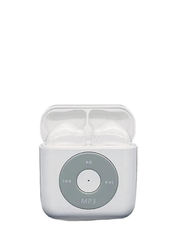 White wireless Bluetooth earphones and charging case on a table, showing semi-in-ear design.