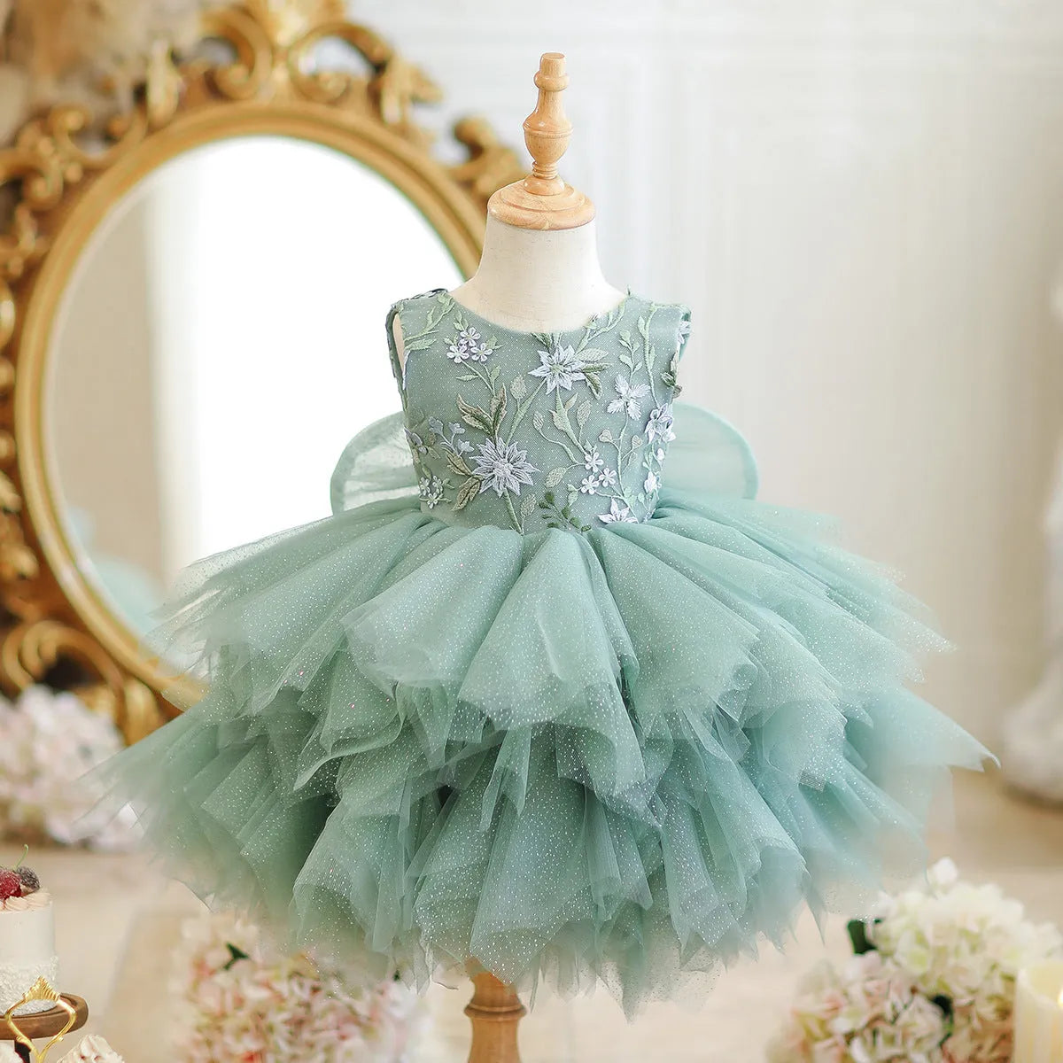 Girl's mori style princess birthday party dress in chemical fibre blend, available for 80cm to 150cm height girls