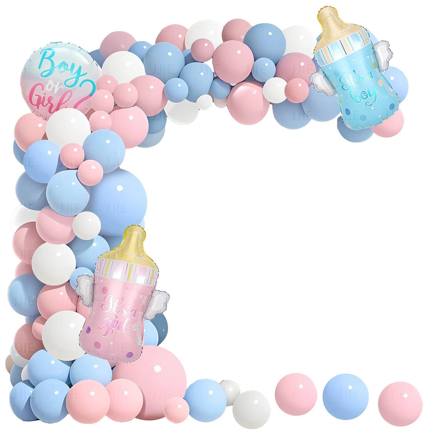 Gender reveal balloon decoration kit with aluminum foil round balloons, pink bottle, blue bottle, and ribbon