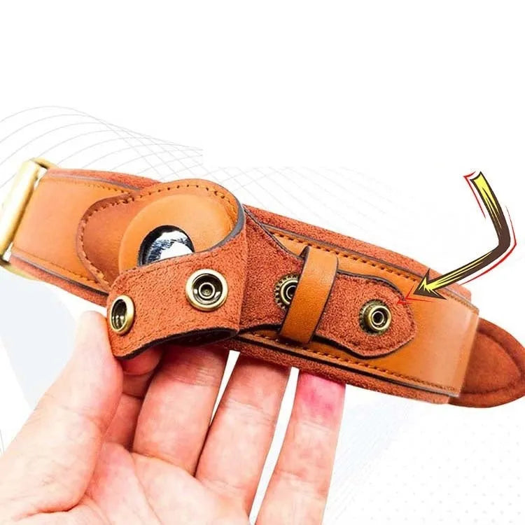 First layer leather dog collar with Apple AirTag slot, available in black, army green, and orange, sizes S M L