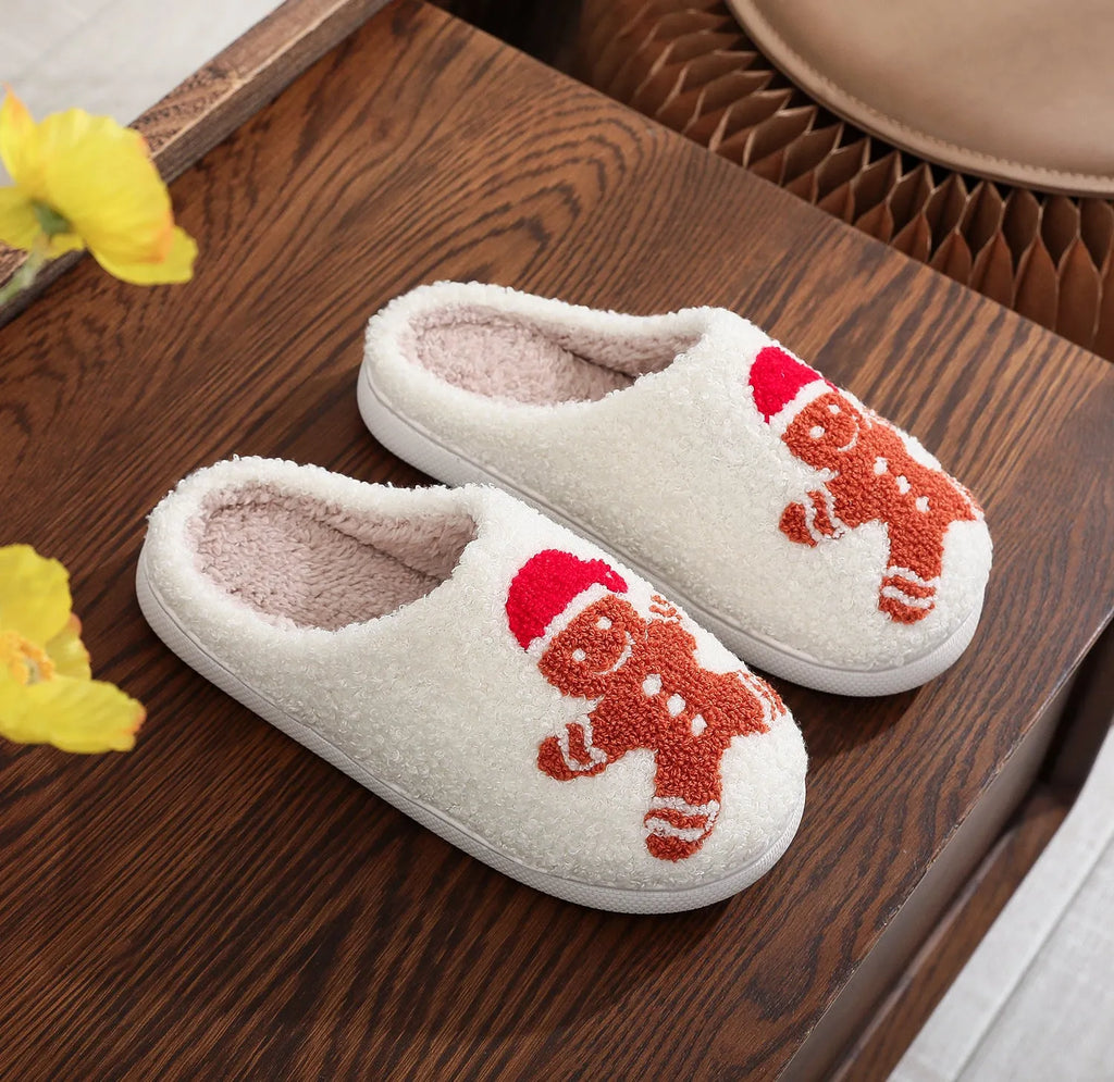 Christmas gingerbread cotton slippers for adults with suede upper, sewn PVC sole and EVA foam midsole