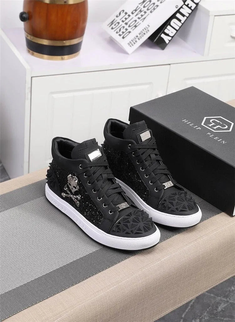 Men's black and red genuine leather high-top skeleton shoes with lace-up front.